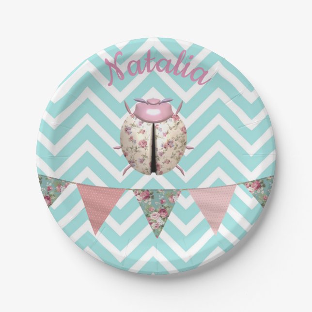 Ladybug chevron floral cute pink blue white buntin paper plate (Front)