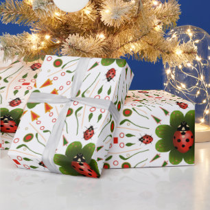 Ladybug Christmas Birthday Red White Green Wrapping Paper
