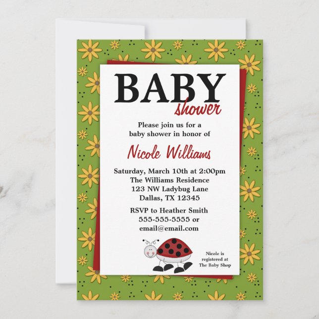 Ladybug Daisies Baby Shower Invitations (Front)