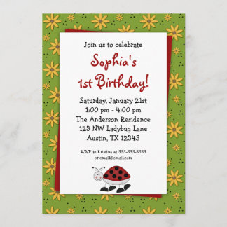 Ladybug Daisies Birthday Party Invitations