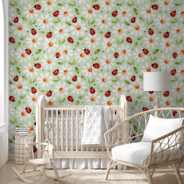 Ladybug Daisy Nursery Kids Bedroom Green Wallpaper (Kids)