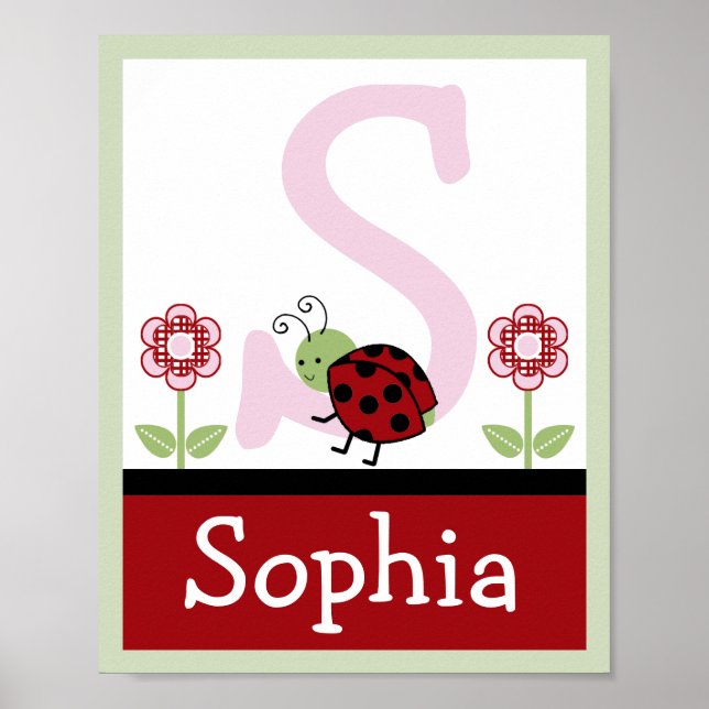 Ladybug et lettre de fleurs et nom Poster d'art mu (Devant)