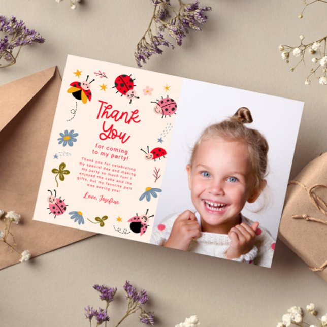 Ladybug Floral Birthday Party Photo Thank You Card (Creator Uploaded)