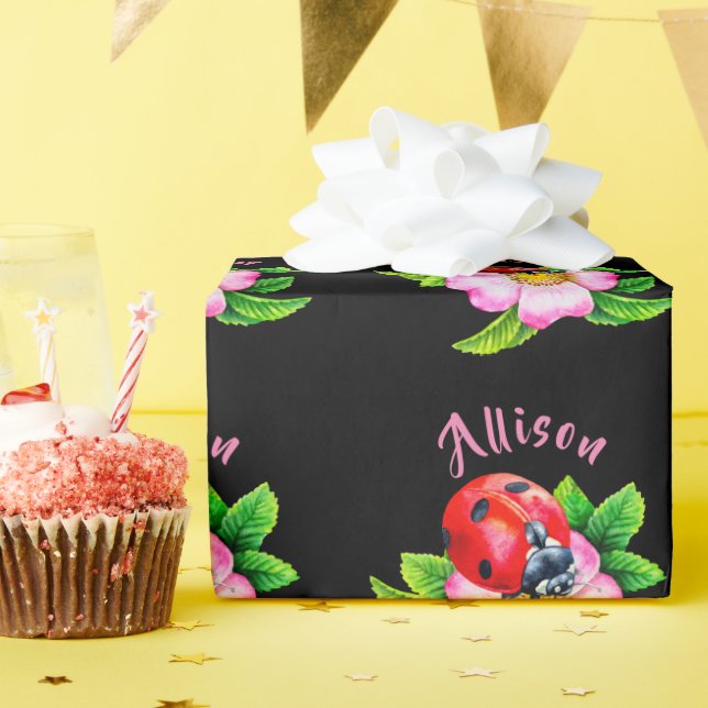 Ladybug Floral Black Women's Name  Wrapping Paper (Birthday Party)
