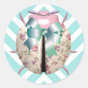 Ladybug  floral pink blue chevron striped classic round sticker