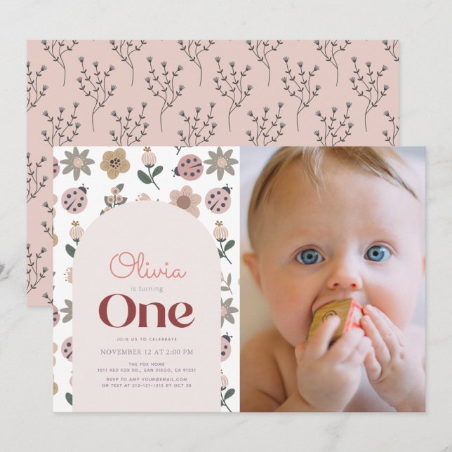 Ladybug & Flower Arch 1st Birthday Photo Invitation (Front/Back)