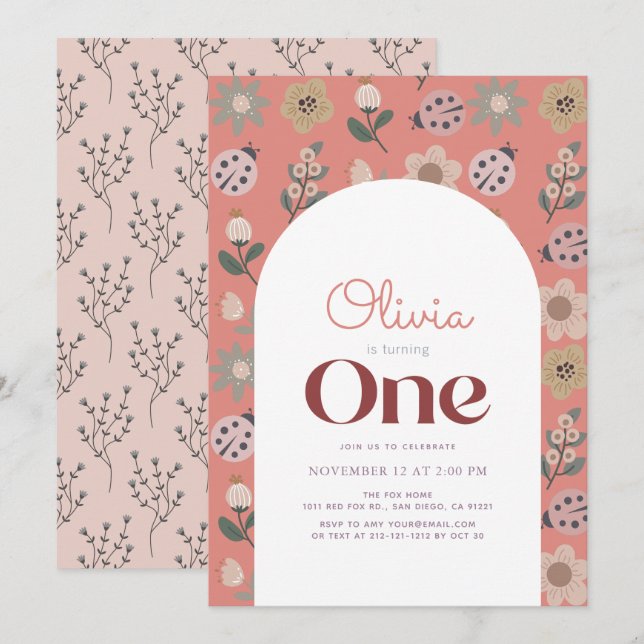 Ladybug & Flower Pattern Arch Pink 1st Birthday Invitation (Front/Back)
