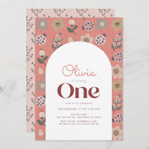 Ladybug & Flower Pattern Arch Pink 1st Birthday Invitation