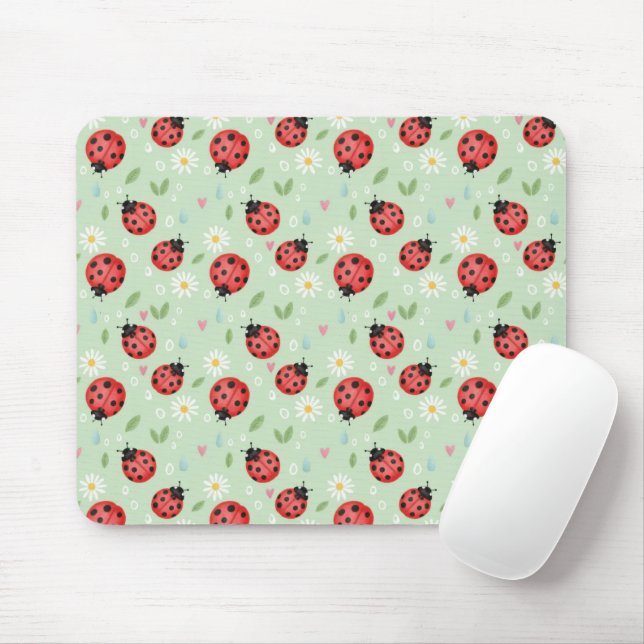 Ladybug Flower Pattern Mouse Pad (With Mouse)