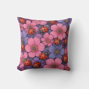 Ladybug Flowers Throw Pillow