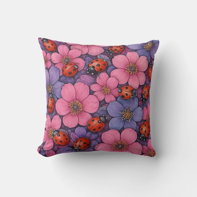 Ladybug Flowers Throw Pillow (Front)