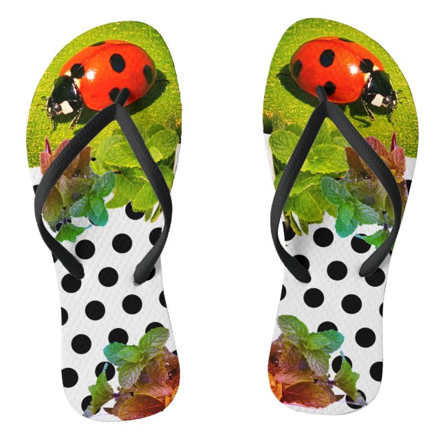 Ladybug Fun Grey  Adult Flip Flops (Footbed)