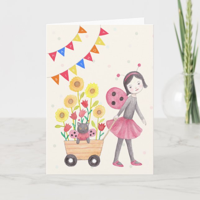 Ladybug Girl & Chat Sunflowers mignonne carte d'an (Devant)