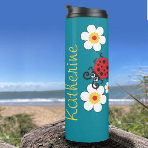 Ladybug girls name red white yellow on aqua thermal tumbler