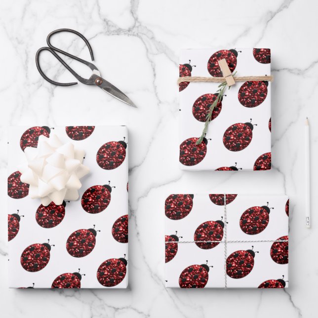 Ladybug glitter sparkles red pattern on white Gift Wrapping Paper Sheet (Front)