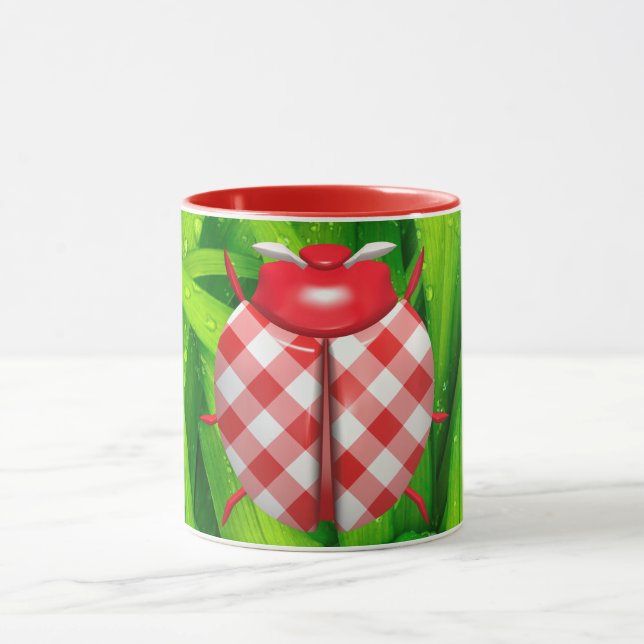 Ladybug grass gingham check cute red white green mug (Center)