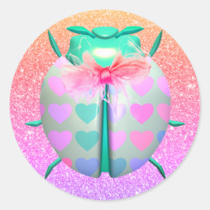 Ladybug heart cute glitter look pink ombre classic round sticker