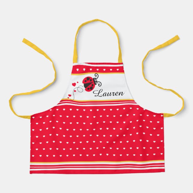 Ladybug heart dot red white yellow custom name apron (Front)