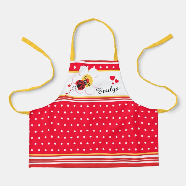 Ladybug heart flower dot red white yellow custom apron (Front)