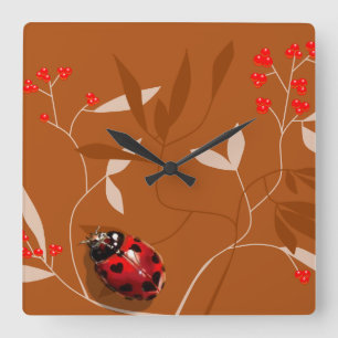 Ladybug heart shaped spots on red berry clock