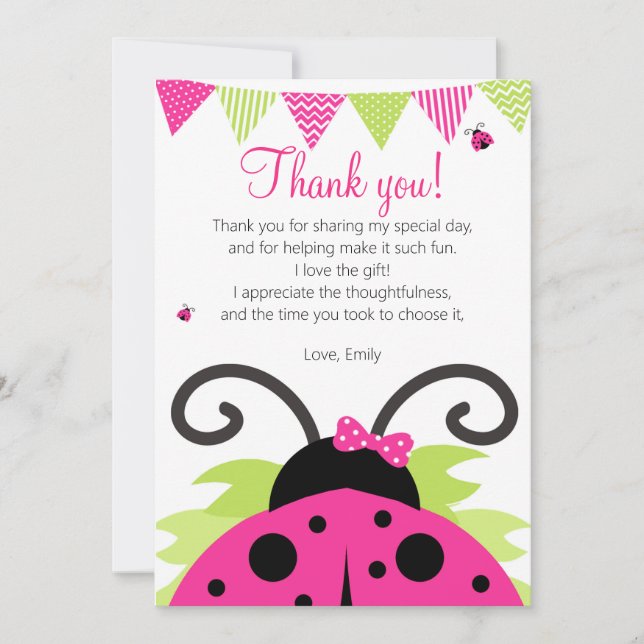 Ladybug Hot Pink Party Thank You Card (Front)