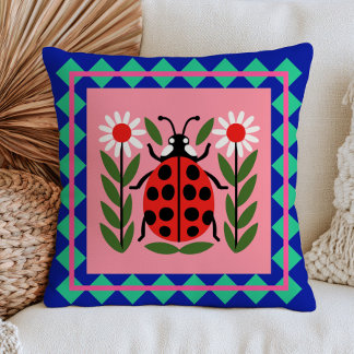 Ladybug Illustration Floral Bug Design Retro Throw Pillow