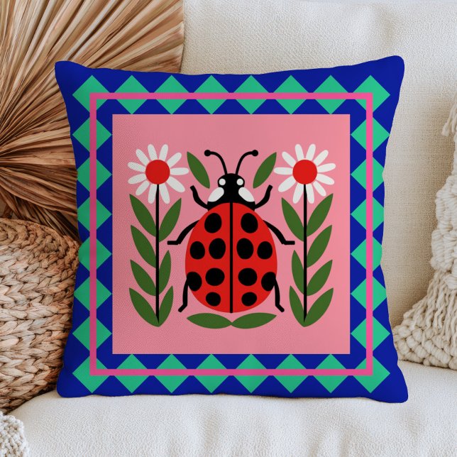 Ladybug Illustration Floral Bug Design Retro  Throw Pillow (Creator Uploaded)