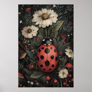 Ladybug In Dark Flower Garden Print, Moody Bug Poster