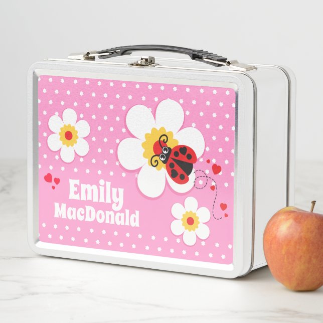 Ladybug ladybird pink red girls name lunch box (In Situ)