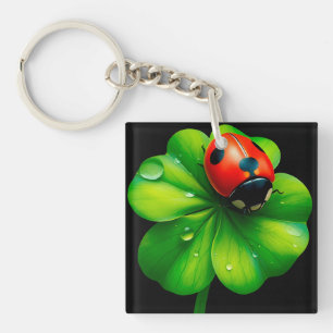 Ladybug on a Dew-Covered Leaf Keychain