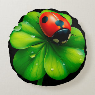 Ladybug on a Dew-Covered Leaf Round Pillow