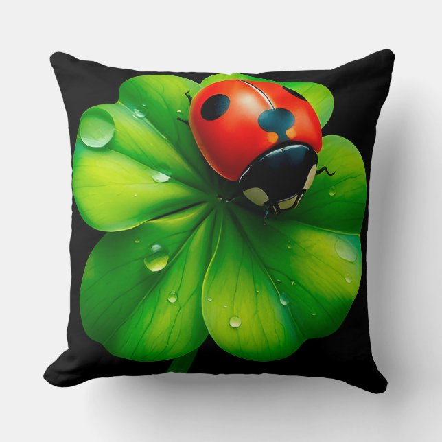 Ladybug on a Dew-Covered Leaf Throw Pillow (Front)