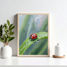 Ladybug on a Dewy Leaf – Nature Art Print