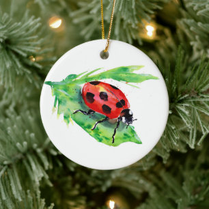 Ladybug on a Green Leaf Ceramic Ornament