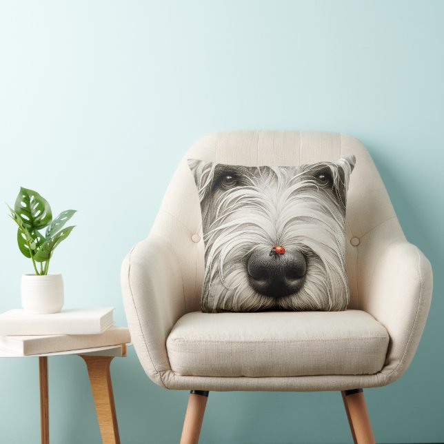 Ladybug On a Shaggy Dog's Nose Throw Pillow (Chair)