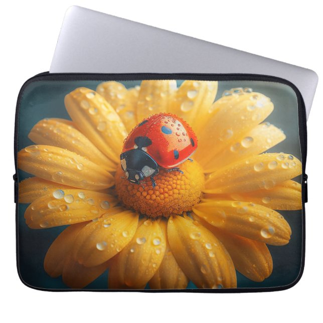 Ladybug on a yellow flower macro laptop sleeve (Front)