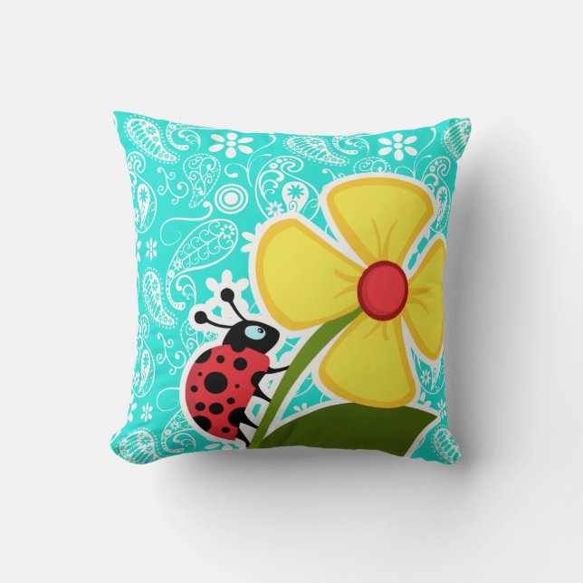 Ladybug on Aqua Colour Paisley; Floral Throw Pillow (Front)