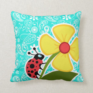 Ladybug on Aqua Colour Paisley; Floral Throw Pillow