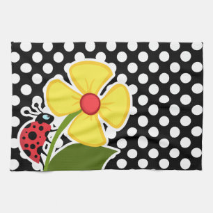 Ladybug on Black and White Polka Dots Kitchen Towel