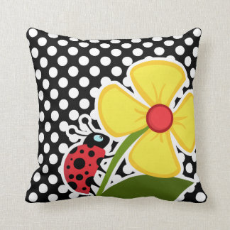 Ladybug on Black and White Polka Dots Throw Pillow