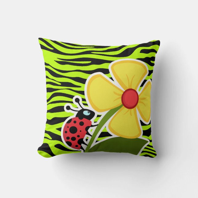 Ladybug on Chartreuse Zebra Stripes Animal Print Throw Pillow (Front)