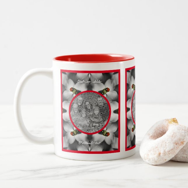 Ladybug On Dogwood Personalized Add Your Photo Two-Tone Coffee Mug (With Donut)