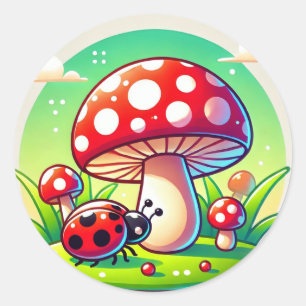 Ladybug on Grass with Vibrant Mushroom Classic Round Sticker