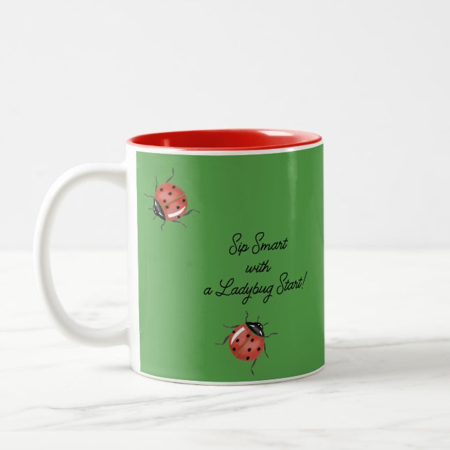 Ladybug on green personalized Two-Tone coffee mug (Left)