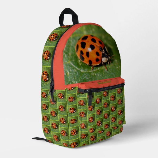 Ladybug On Leaf Personalized Printed Backpack (Back Corner Left)