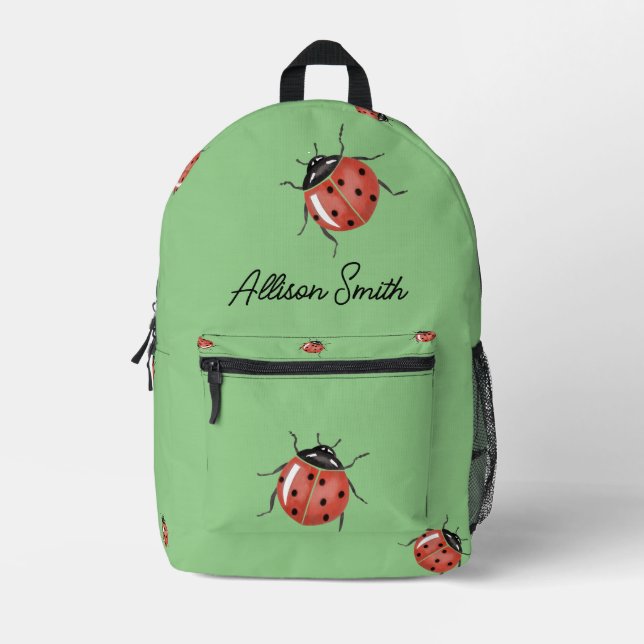 Ladybug on light green personalized printed backpack (Front)