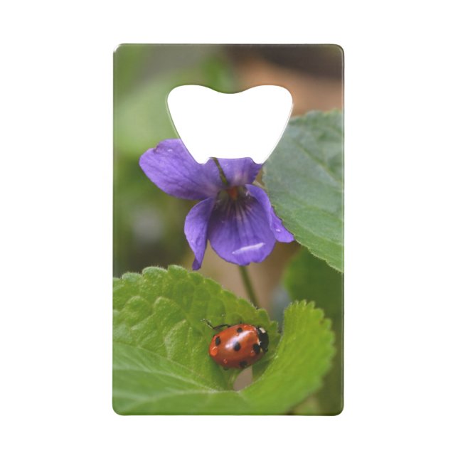 Ladybug on Sweet Violet Flowers Credit Card Bottle Opener (Front)