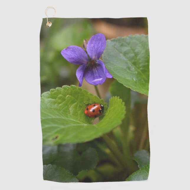 Ladybug on Sweet Violet Flowers Golf Towel (Front)