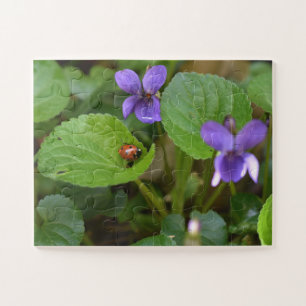 Ladybug on Sweet Violet Flowers Jigsaw Puzzle