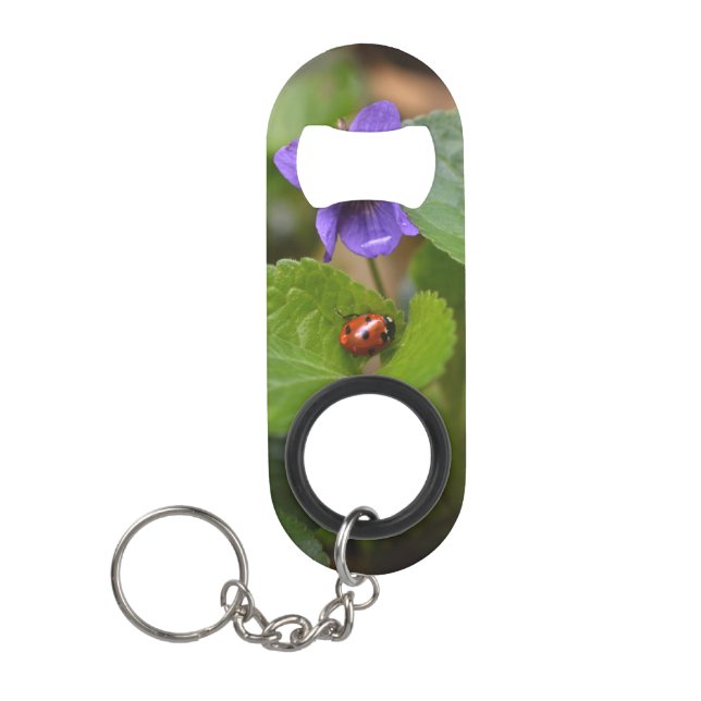 Ladybug on Sweet Violet Flowers Keychain Bottle Opener (Front)